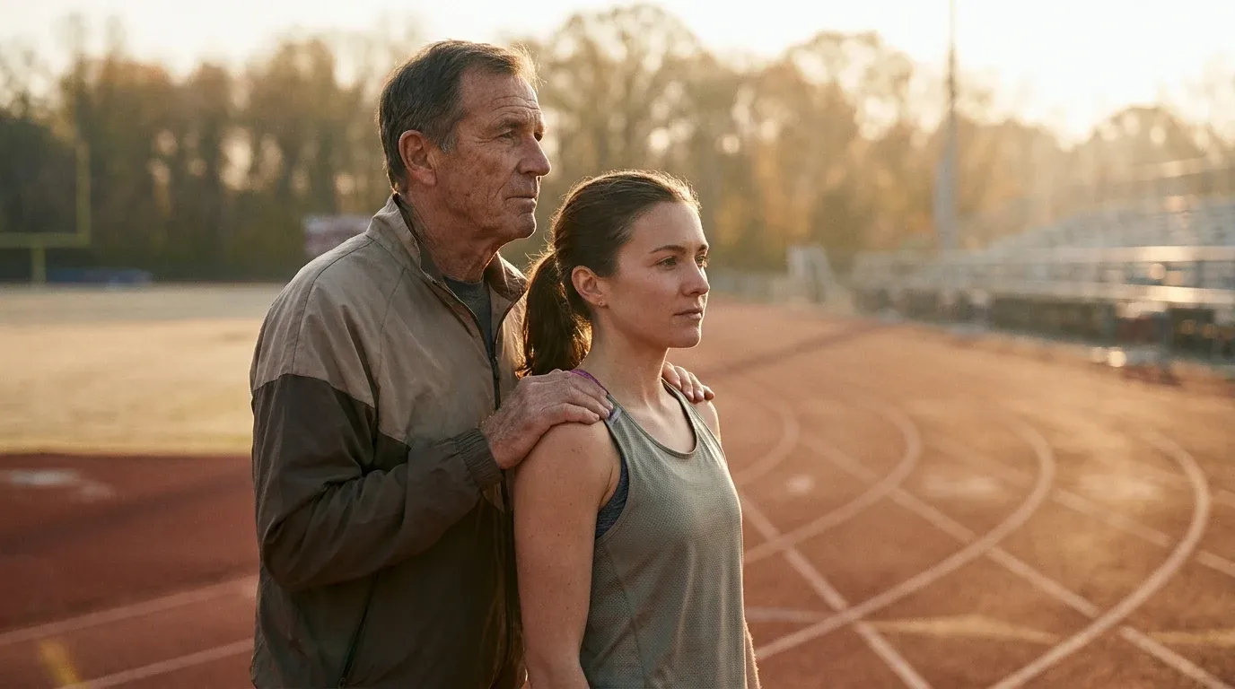 A seasoned coach places his hand on a runner's shoulder on an outdoor track in warm morning light.