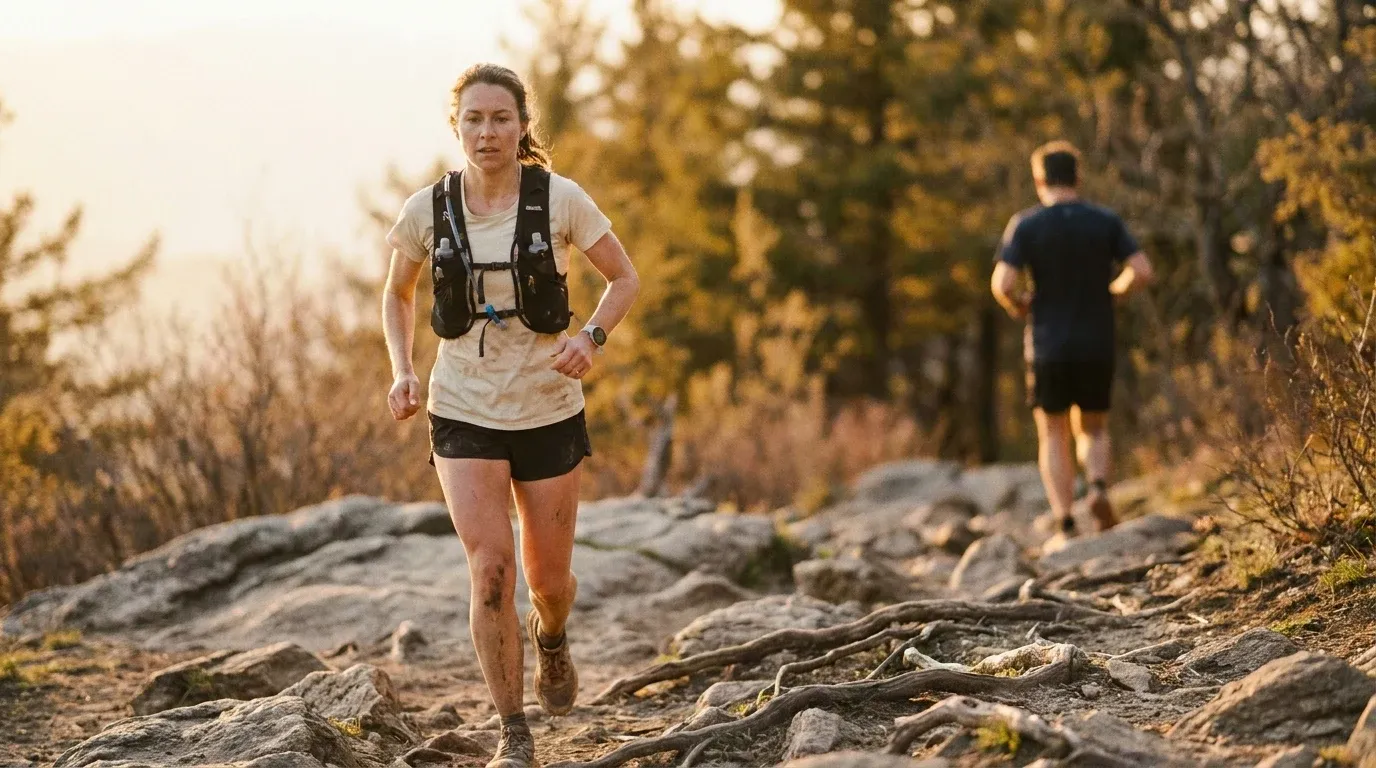 Female ultramarathon runner in focused stride on rocky mountain trail, male runner blurred in background.