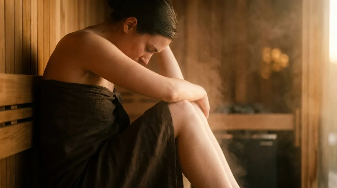 Person seated in a sauna in quiet stillness, steam rising around them in warm golden light.