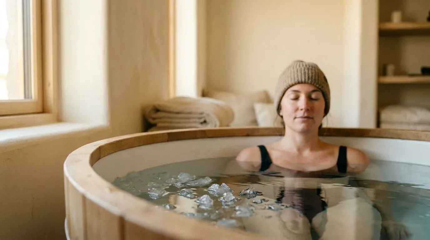 Person submerged in an ice bath with a calm expression, surrounded by floating ice, soft natural golden light.