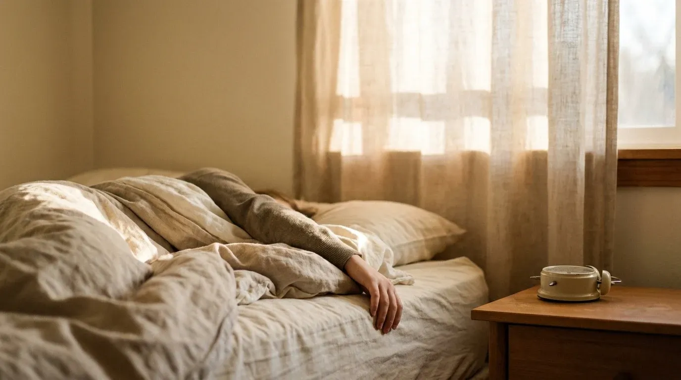A teenager sleeps peacefully in bed with an alarm clock turned face-down in morning sunlight.