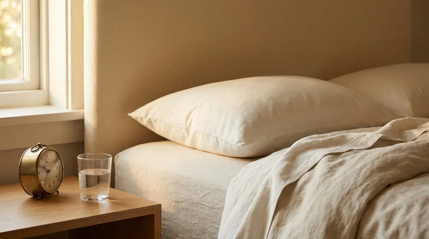 A white pillow on rumpled sheets with a glass of water and face-down alarm clock bathed in soft golden morning light.