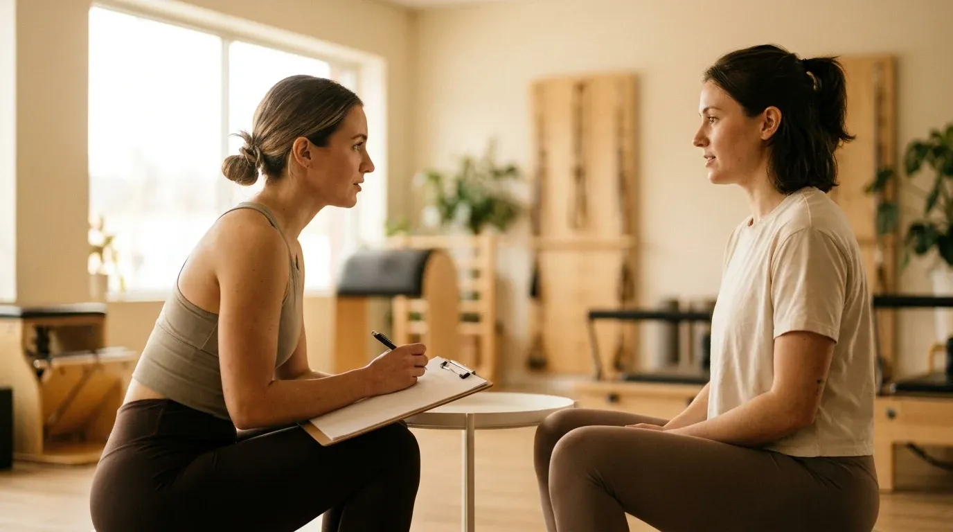 A coach seated across from a new client in a bright gym, taking notes on a clipboard during their first session.