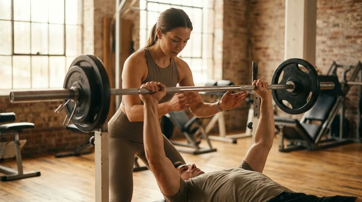 A personal trainer spots a client performing a barbell bench press with focused hands ready beneath the bar.
