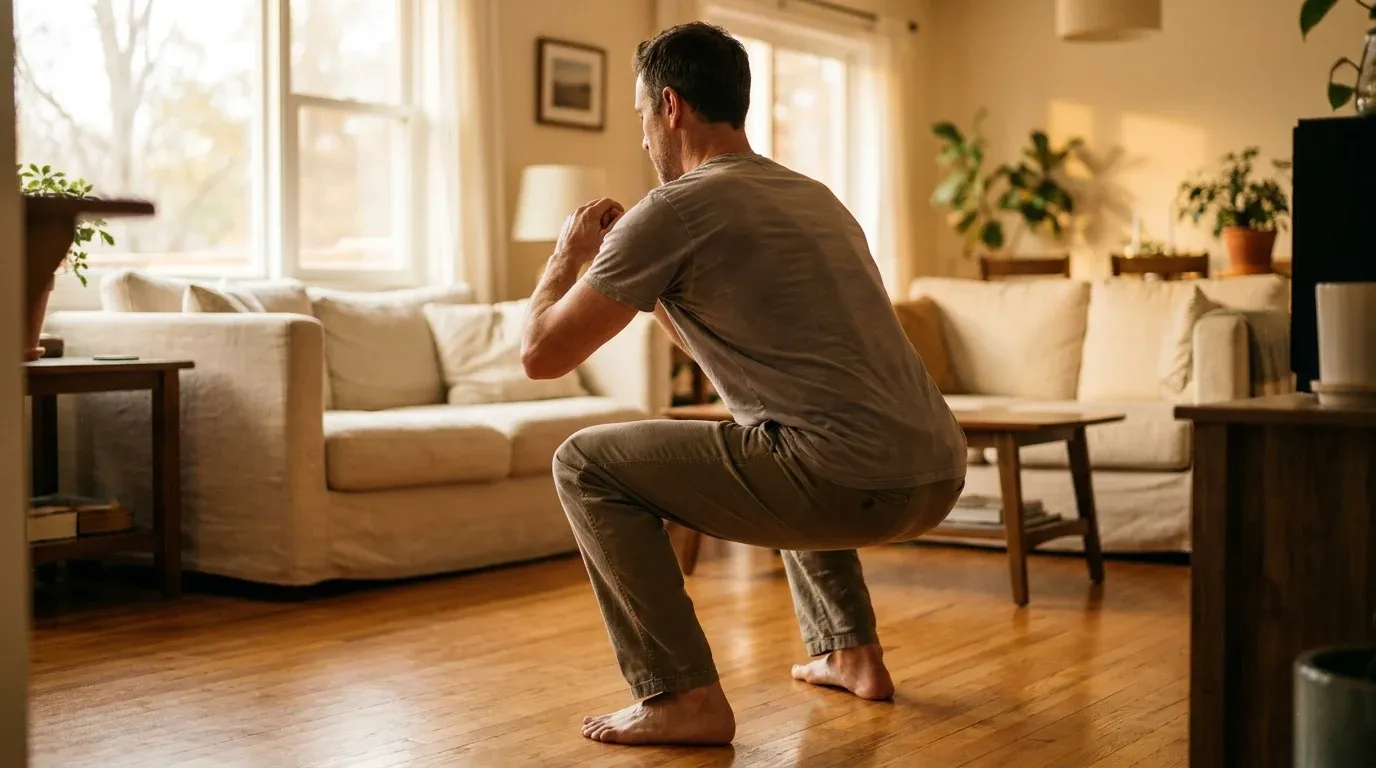 A middle-aged man performs a controlled squat in a sun-lit living room with warm golden morning light.