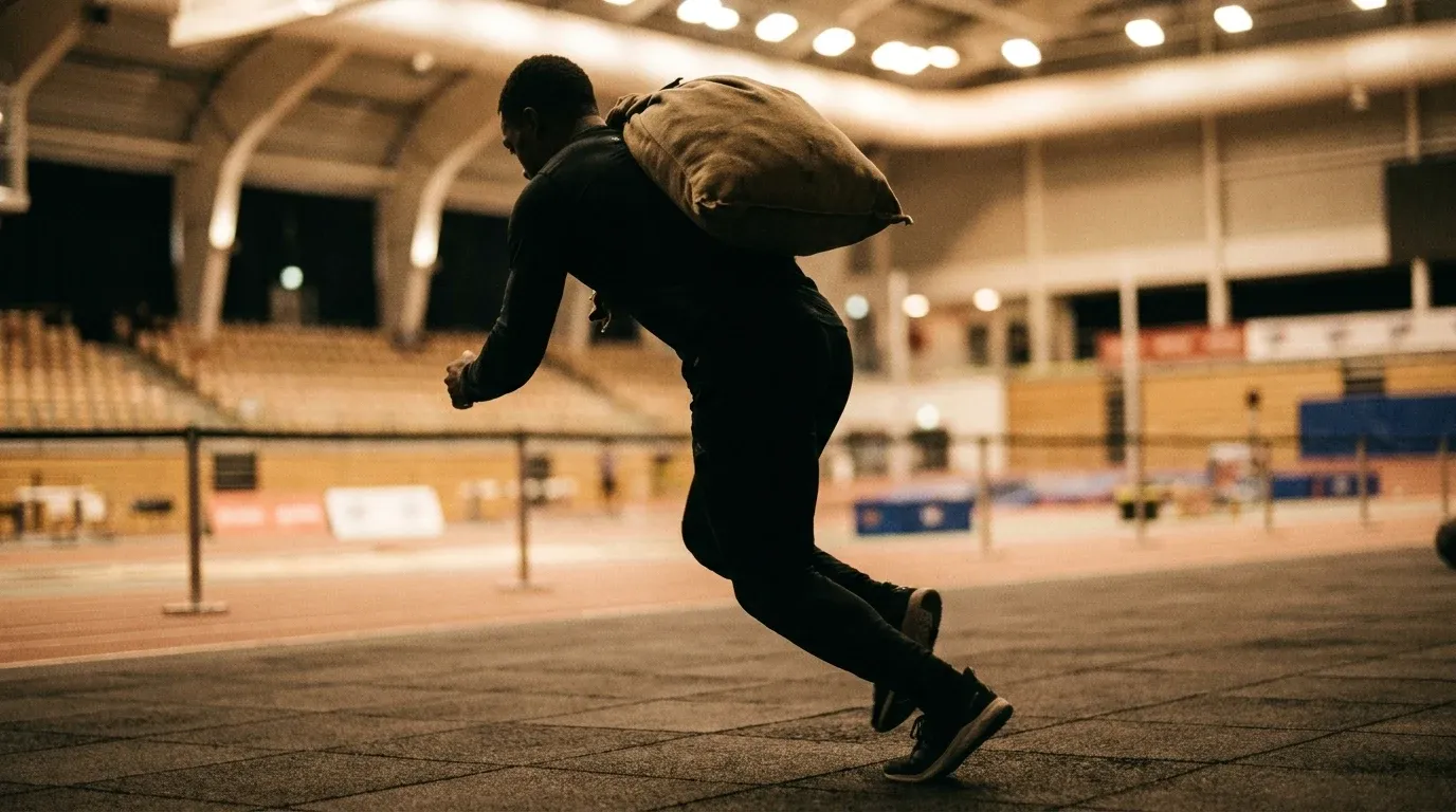 Athlete carrying a sandbag mid-stride on an indoor competition track in warm golden light.