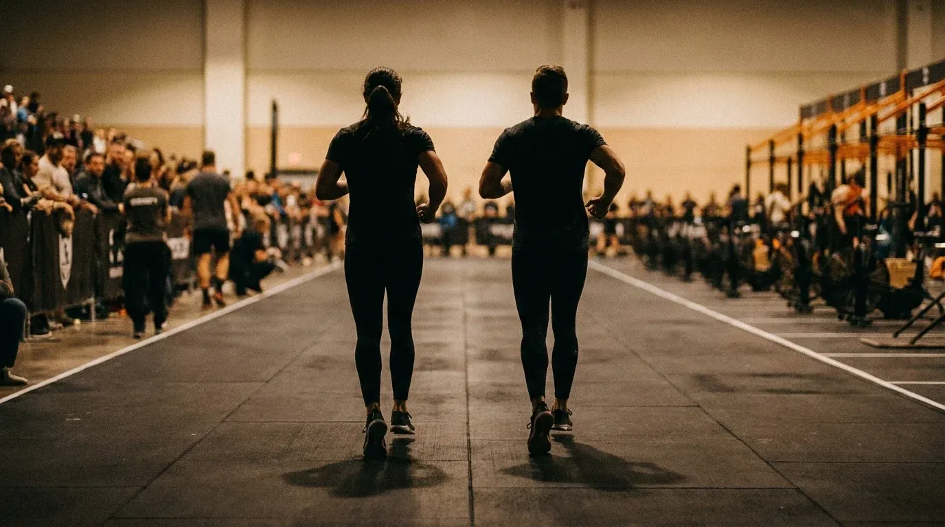 Two athletes run side-by-side in synchronized stride down a competition corridor.