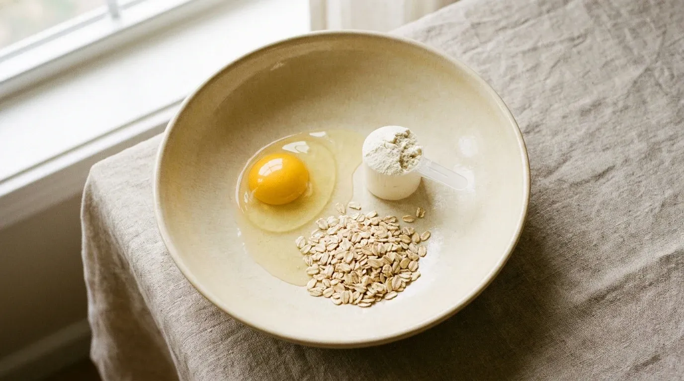 Overhead view of a ceramic bowl with a raw egg, oats, and protein powder arranged on a warm cream surface.