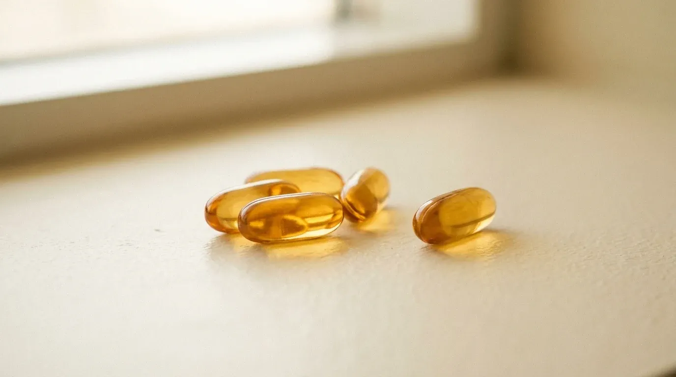 Four translucent amber softgel capsules arranged on a cream surface in soft golden light.