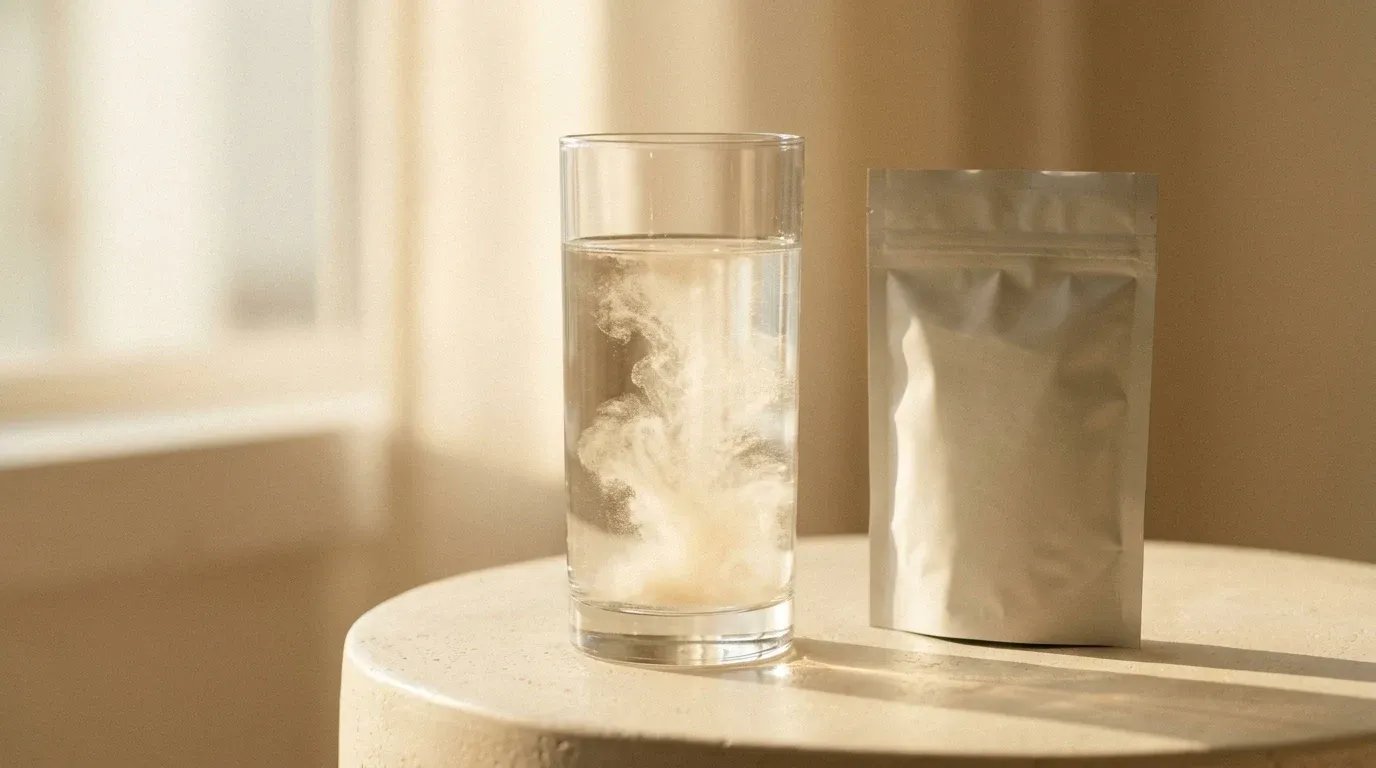 A clear glass of water with dissolving electrolyte powder and a sealed pouch beside it, lit by soft golden morning light.