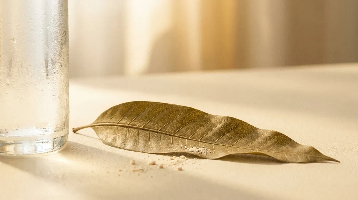 A clear glass beverage with condensation beside a mango leaf on a warm cream surface in natural light.