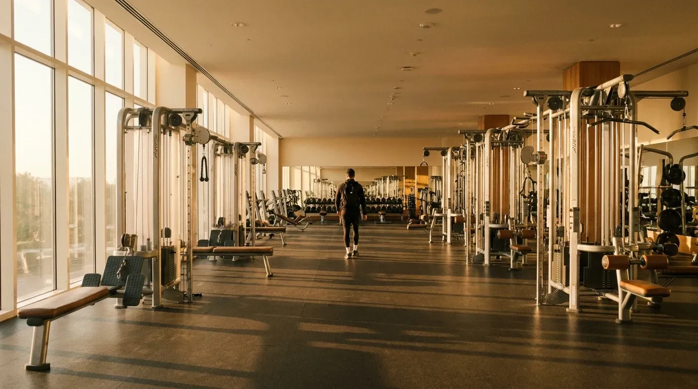 A solitary figure walks through a spacious gym floor lined with equipment, bathed in warm golden afternoon light from large windows.
