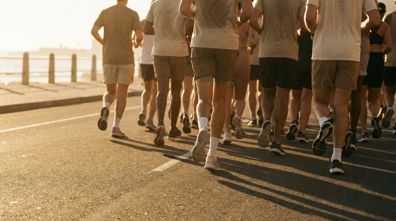 Dozens of runners captured from behind stride together along a sunlit coastal road.