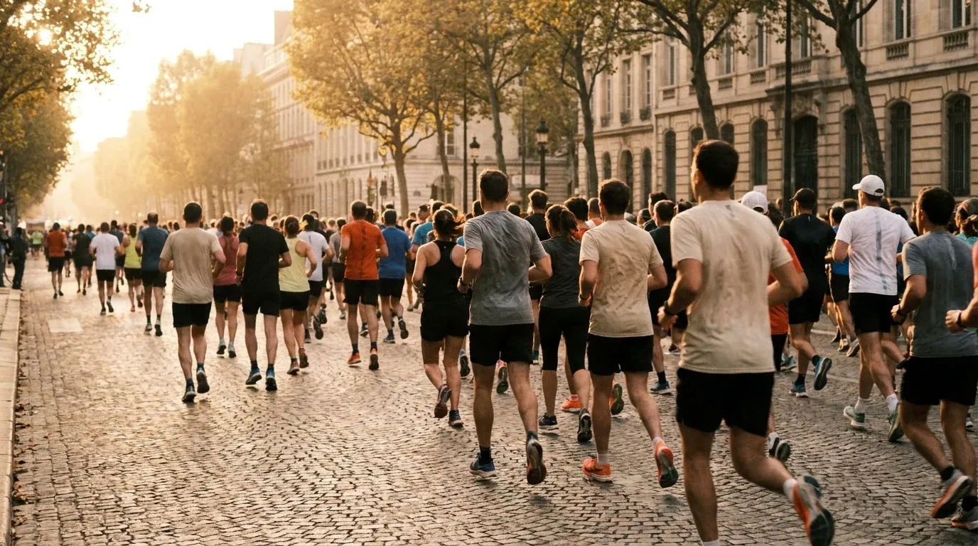 Low-angle view of hundreds of runners filling a wide European boulevard in warm morning light during the marathon.