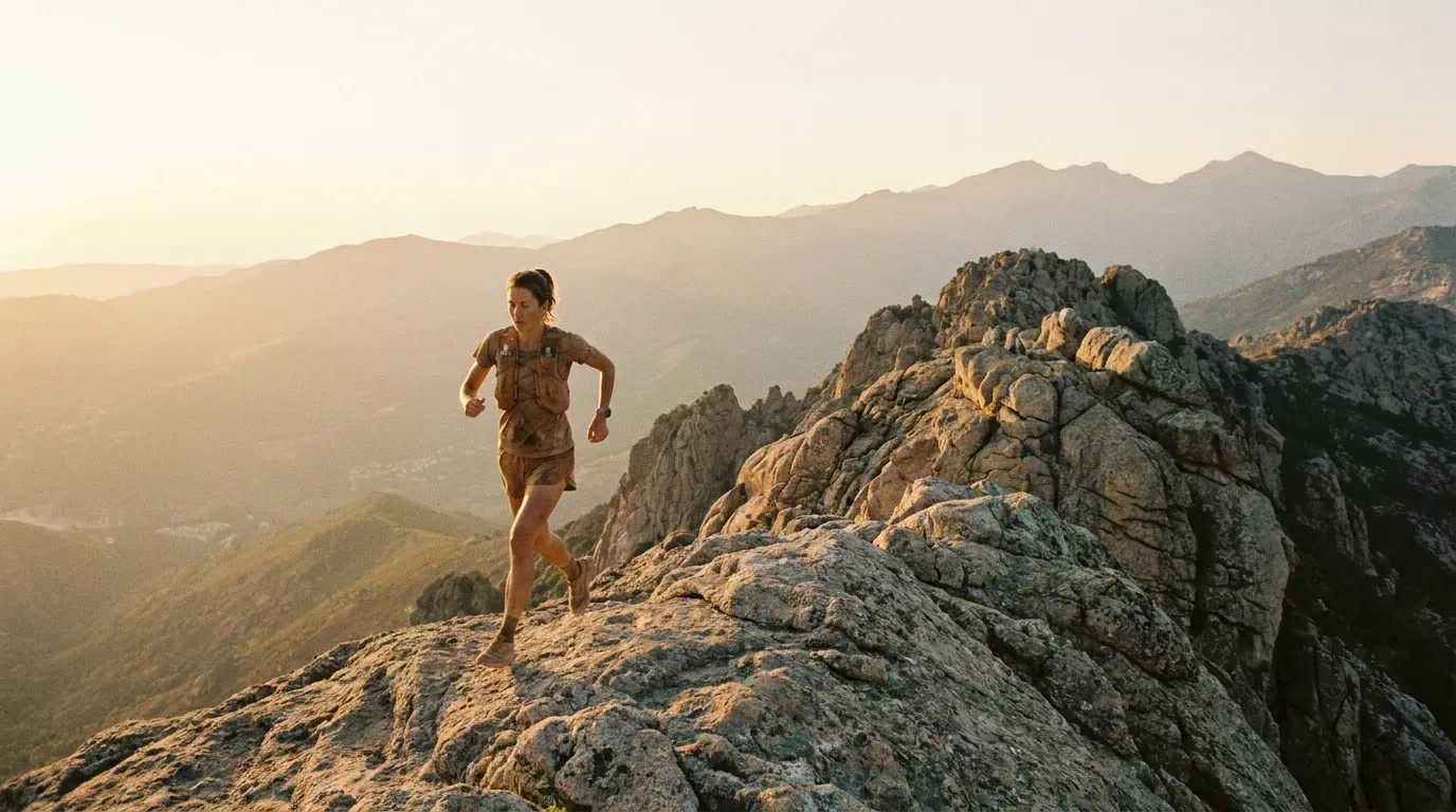 Trail runner mid-stride on a rocky Corsican mountain ridge in golden late-afternoon light.