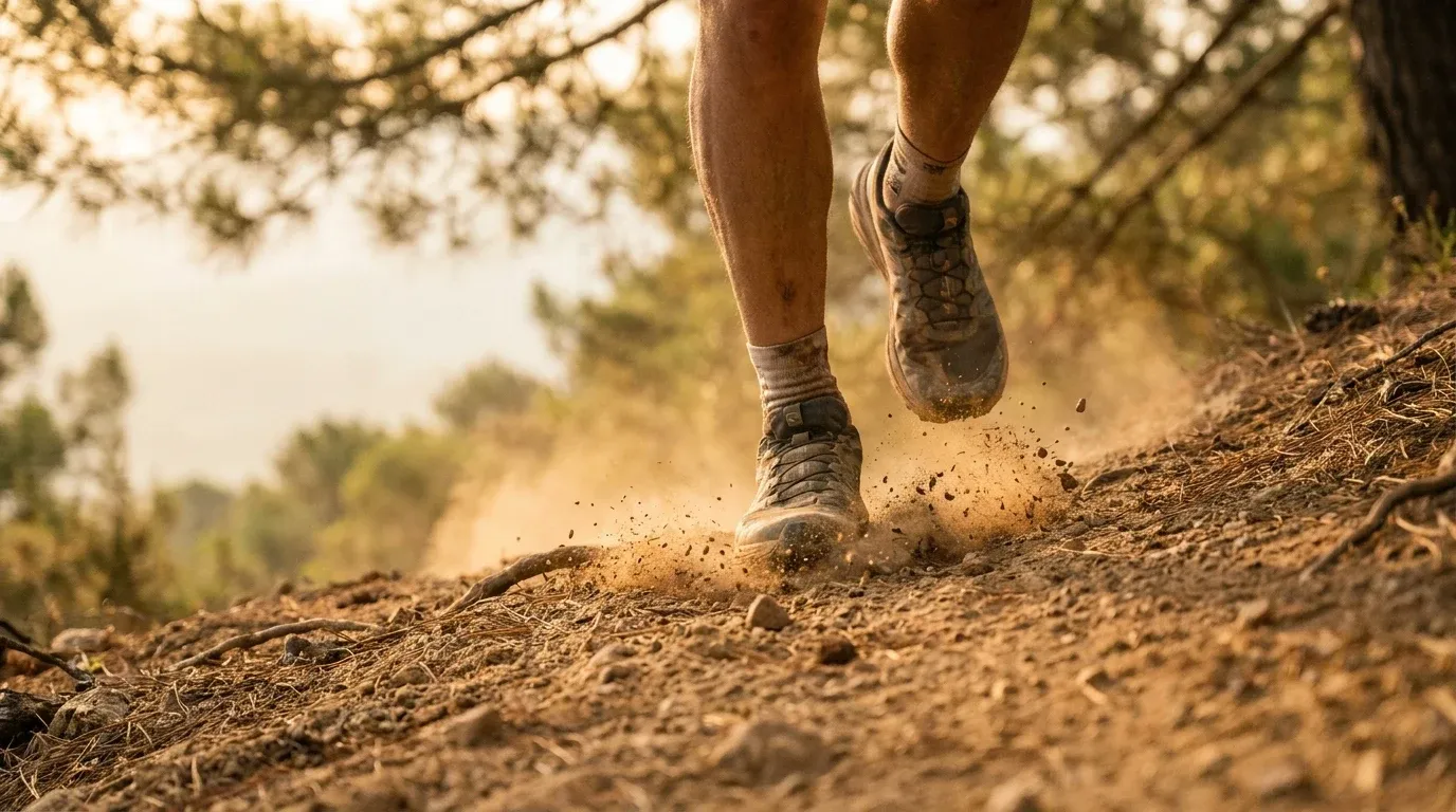 Close-up of a trail runner's legs mid-stride, kicking up dust on a steep mountain dirt path in golden light.