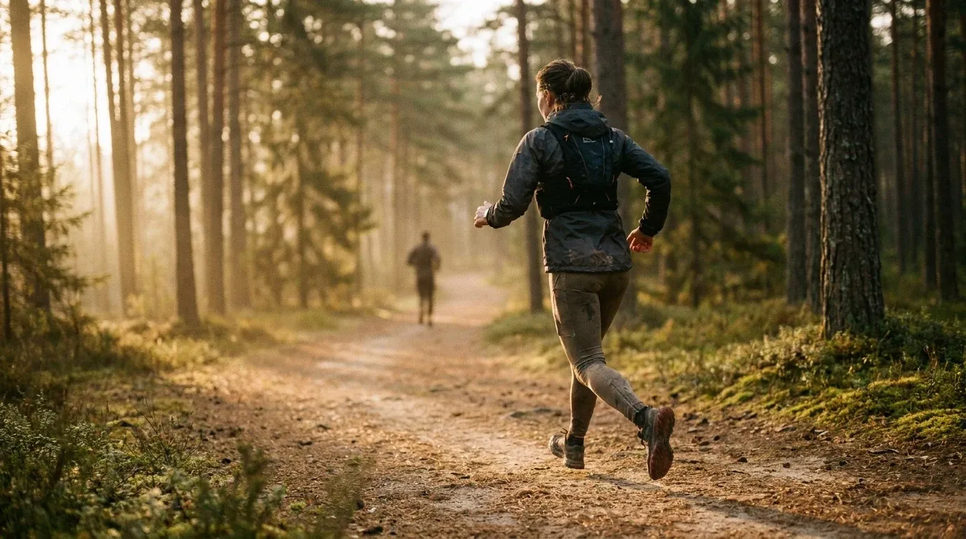 Woman runner mid-stride on a dusty forest trail with warm golden morning light filtering through pine trees.