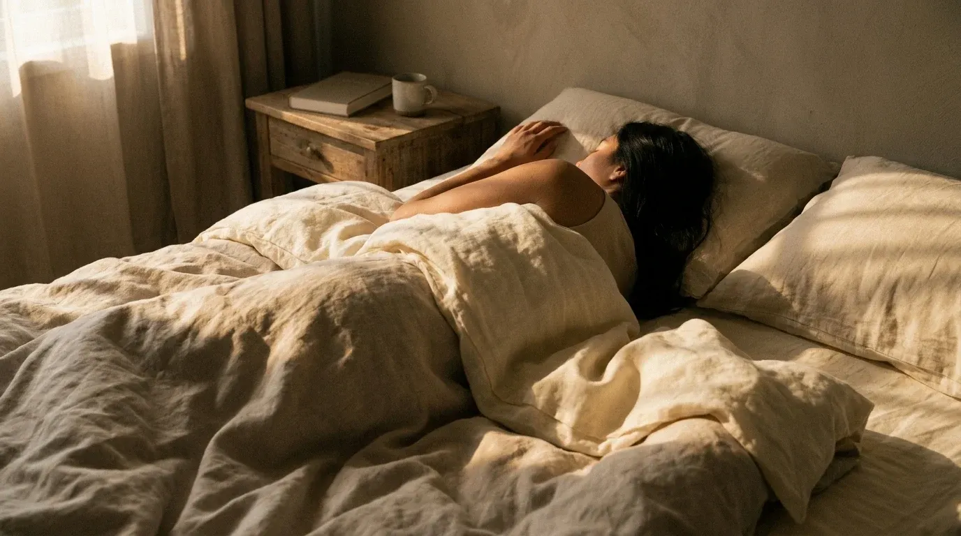 A person sleeping on their side in warm cream-toned bedding, bathed in soft golden morning light from a nearby window.
