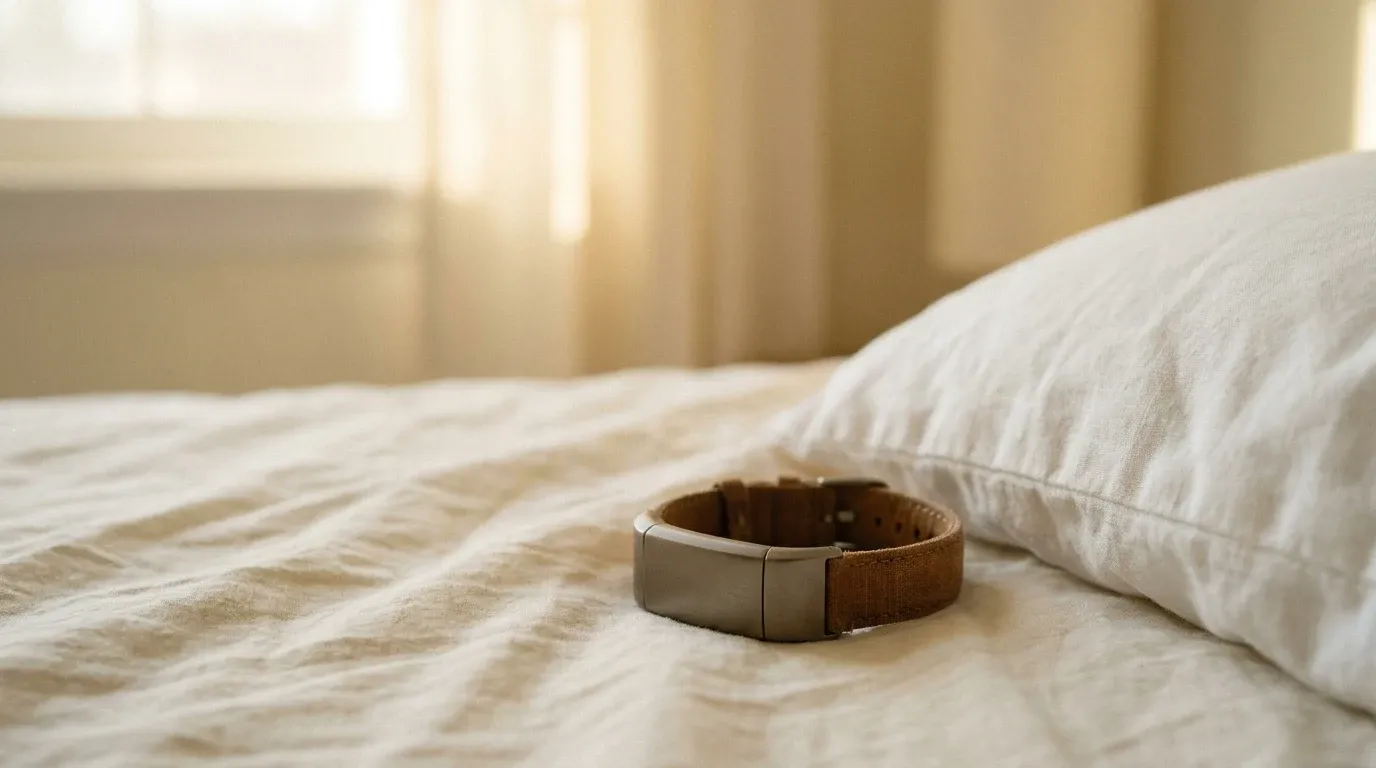 A fitness tracker resting face-down on rumpled cream bedsheets beside a white pillow in warm morning light.