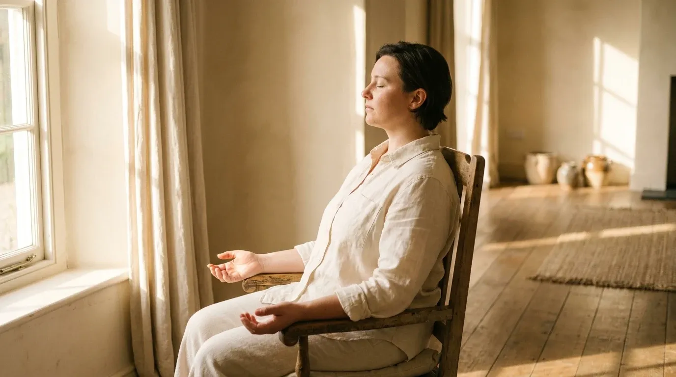 Person seated by a sunlit window practicing mindful breathing in a minimal, peaceful room.