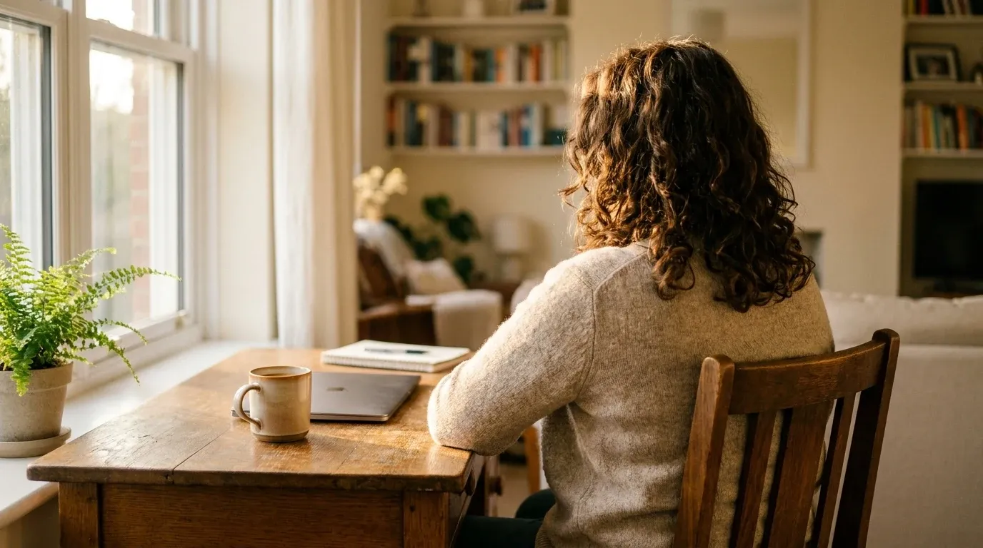 Person working calmly at a home desk by a sunlit window, bathed in warm golden morning light.