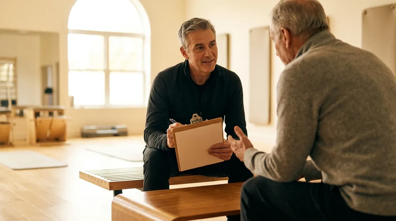 A mid-aged fitness coach listens attentively to an older adult client during a gym consultation.