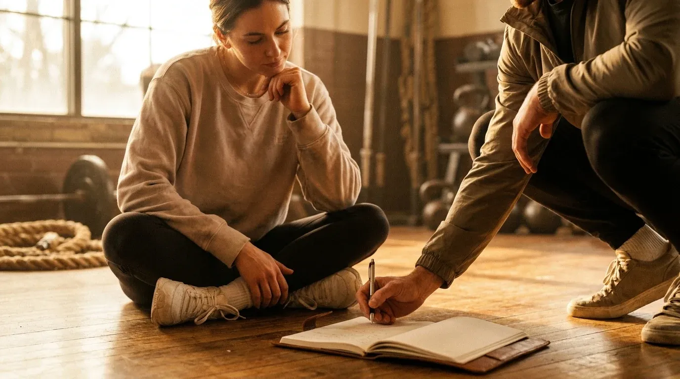 A trainer crouched at eye level writes in a training journal while a client leans forward in warm golden gym light.