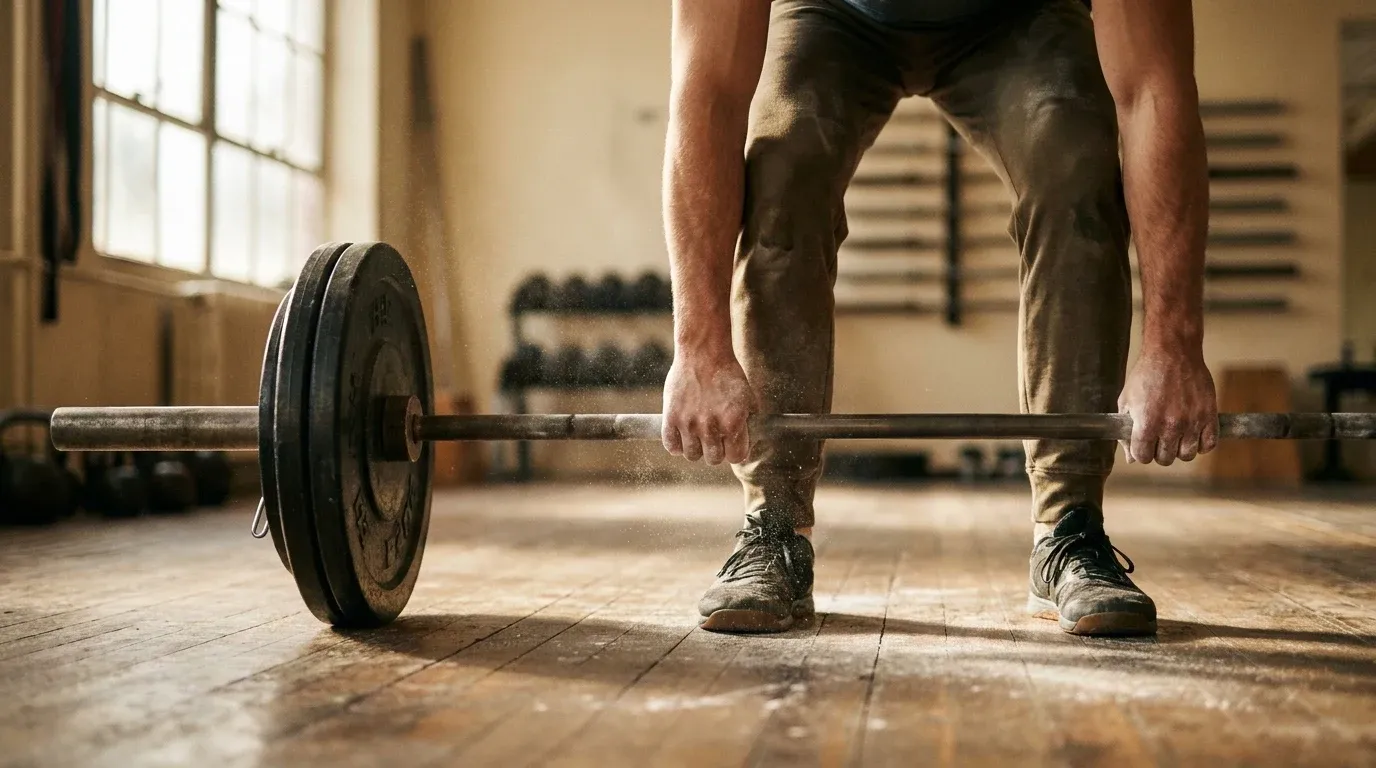 Close-up of a person's hands and feet deadlifting a barbell on a wooden gym floor.