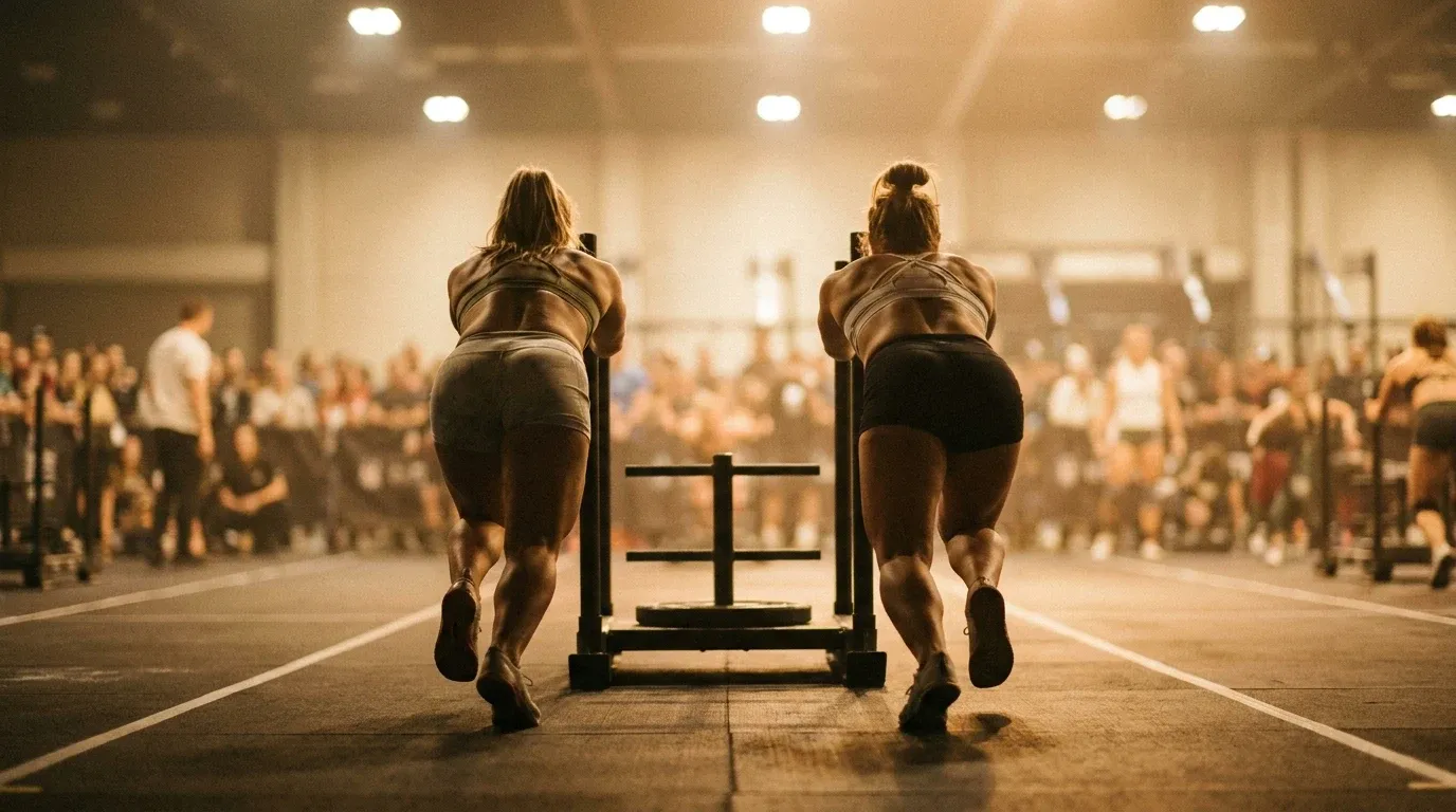 Two female athletes push a heavy sled together in synchronized effort during a competition.