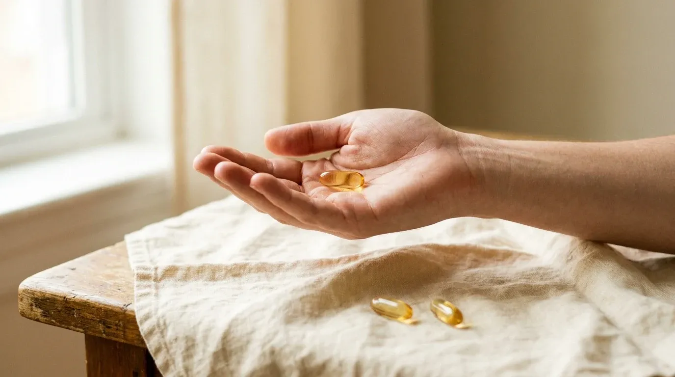 A translucent amber gel capsule resting in an open palm with scattered capsules on a warm cream surface.