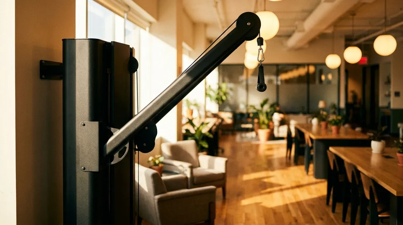 Black wall-mounted strength training machine in a modern coworking space with warm natural golden light.