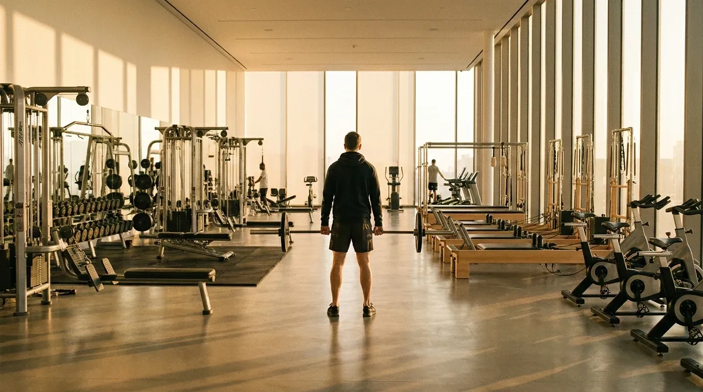 Modern gym interior with diverse equipment zones bathed in warm golden late-afternoon sunlight.