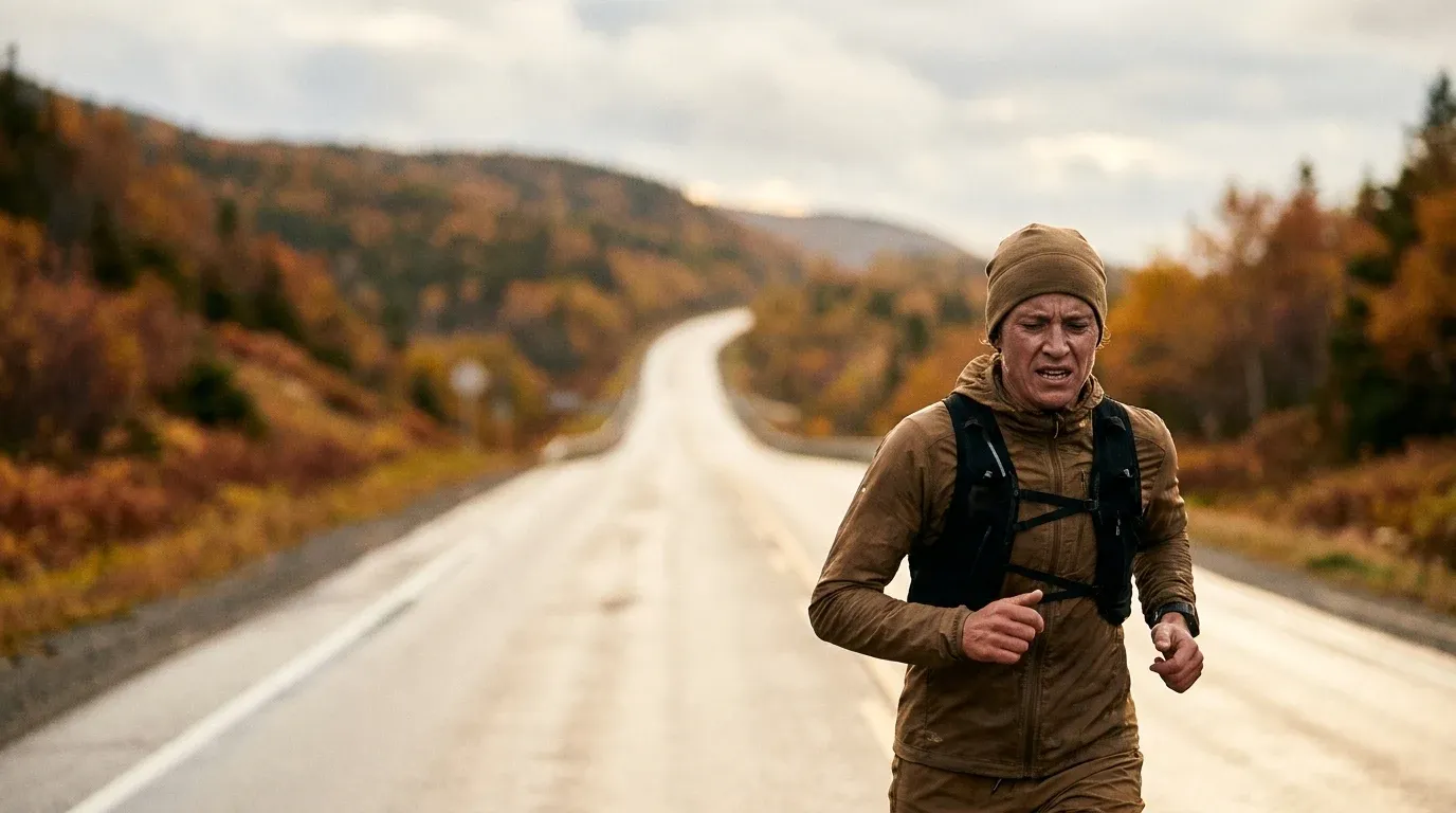 Exhausted runner mid-stride on a winding coastal highway through autumn-forested highlands.