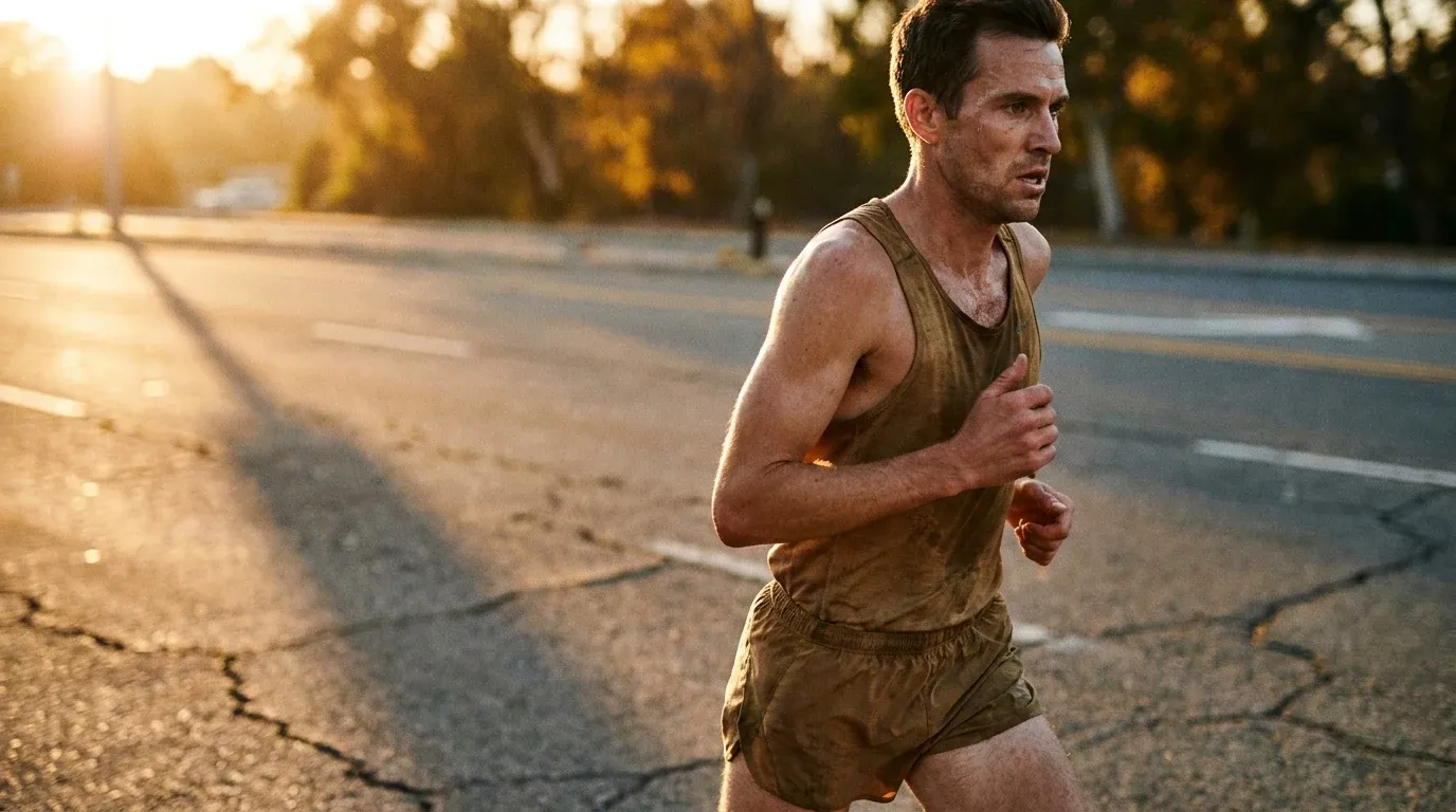 A marathon runner captured at road level in golden-hour light, jaw set in determined effort and stride.