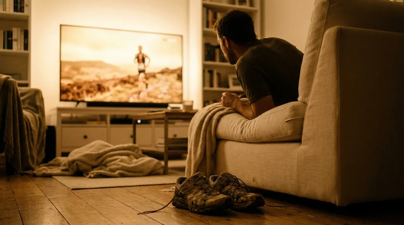 A man leans forward watching a trail race broadcast on TV, with trail running shoes in the foreground.