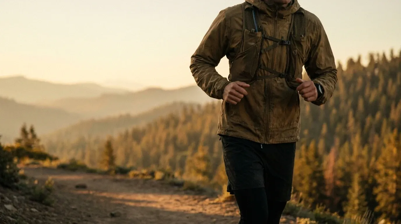 Trail runner mid-stride against mountain landscape in golden morning light with pine-covered ridgelines.
