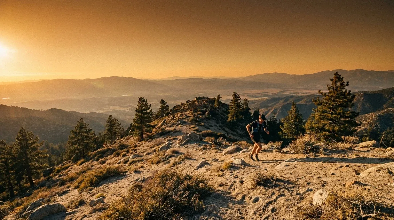 Trail runner ascending a rocky ridge at golden hour against a vast mountain landscape backdrop.