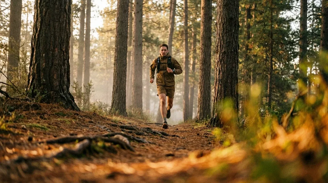A lone trail runner mid-stride on a forest path bathed in warm morning light filtering through pine trees.