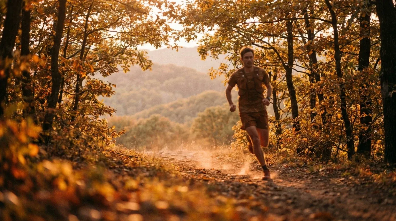 A trail runner mid-stride kicks up red clay dust on a winding forest path through Tennessee woods with golden autumn foliage.