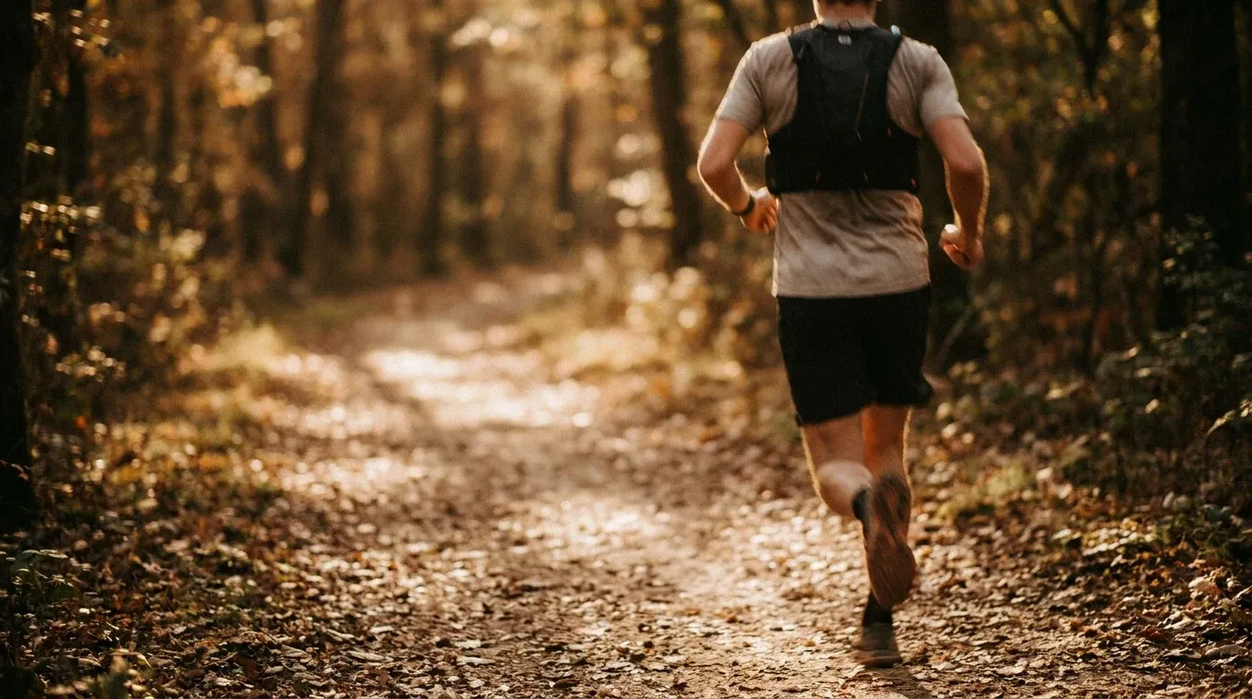 Trail runner captured mid-stride from behind on a wooded Nashville path, golden afternoon light filtering through the trees.