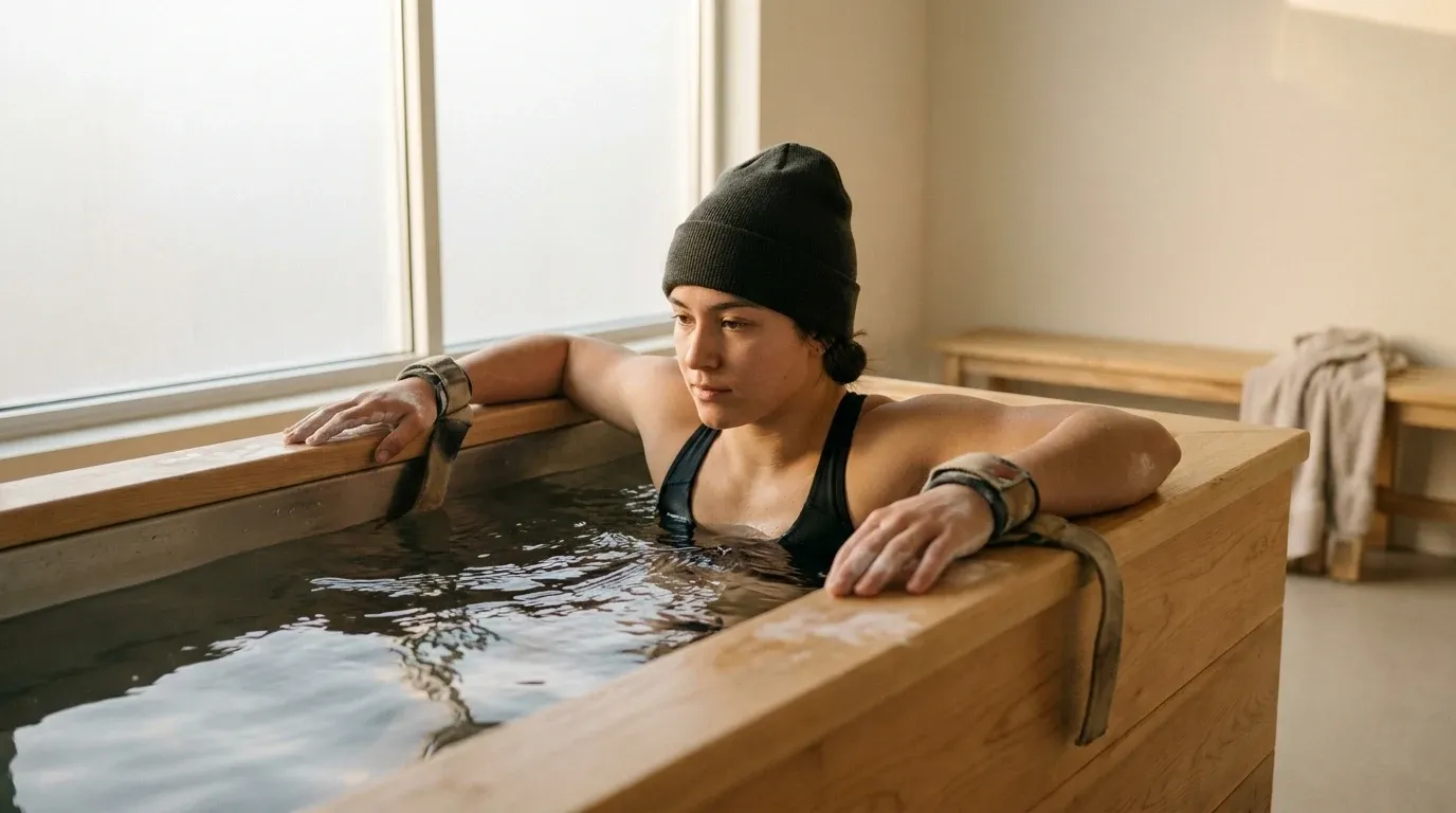 Athlete descending into cold plunge tub after gym session, hands visible on rim edge.