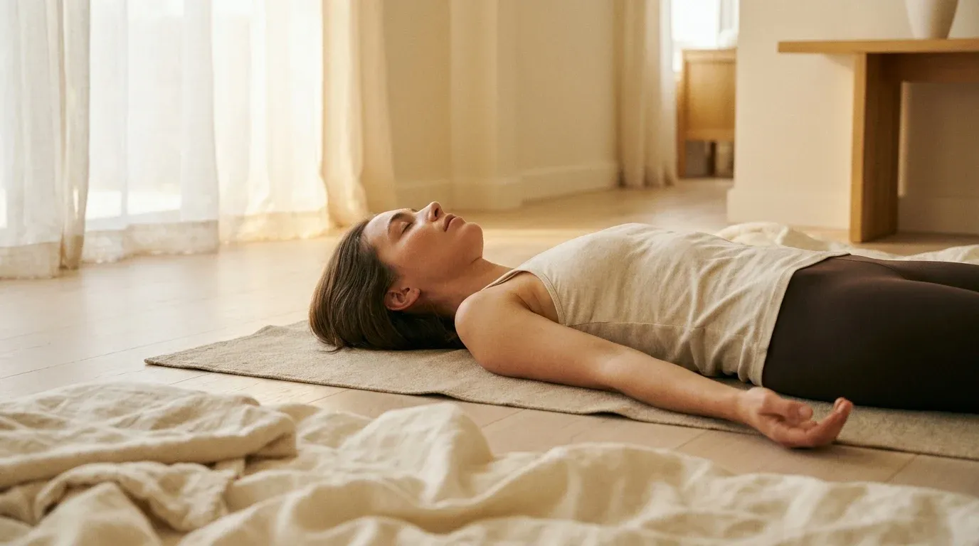Person lying relaxed on a yoga mat in soft golden morning light, arms open at their sides.