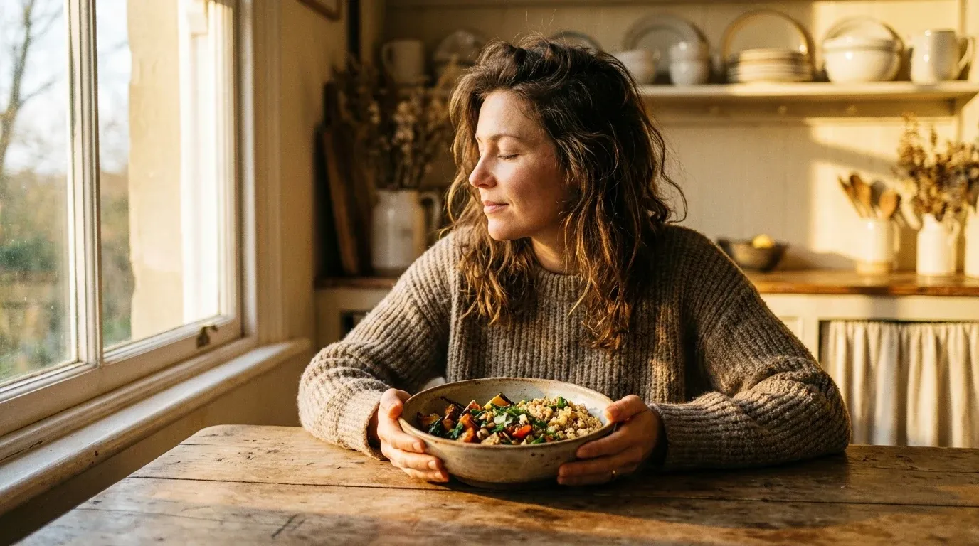 Woman seated at wooden table holding a bowl of plant-based food in warm golden light.