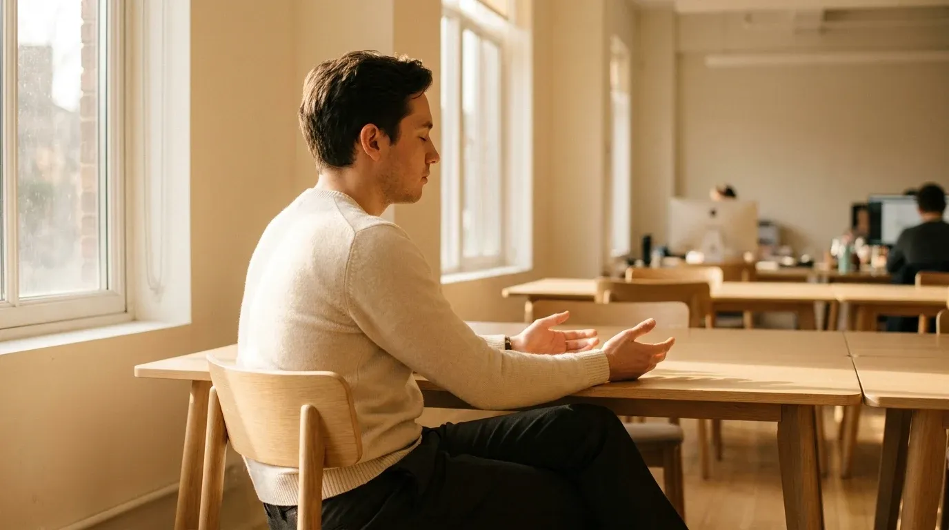 A professional meditates alone at a minimalist desk with eyes closed in a softly lit open-plan office.