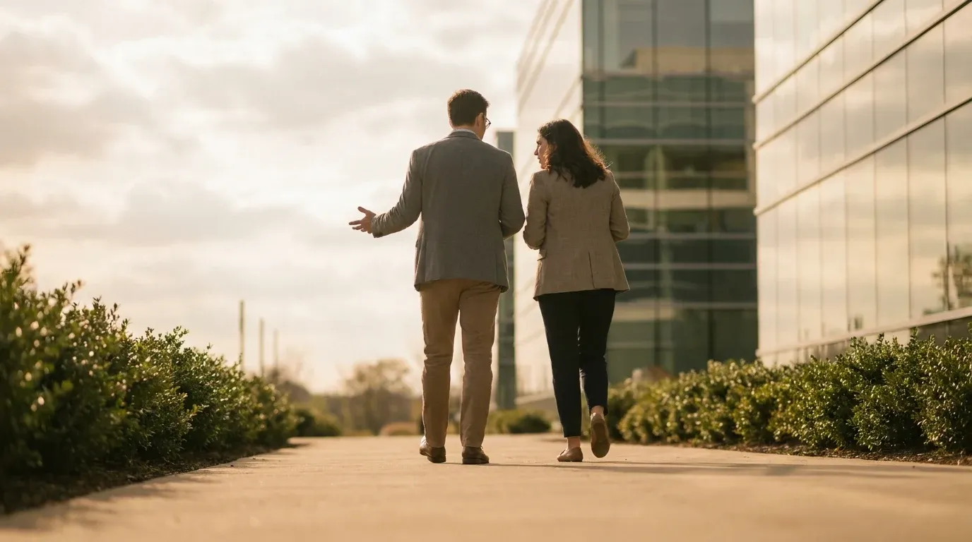 Two colleagues walk side by side on a sunlit path beside a modern office building.