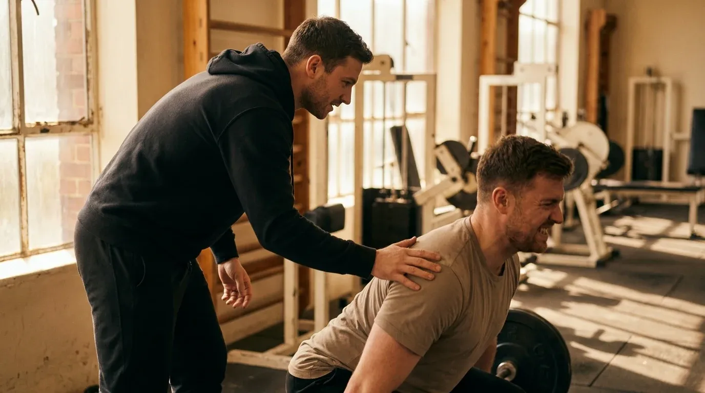 A personal trainer guides a client's lifting form with focused attention in a sunlit gym during a corrective moment.