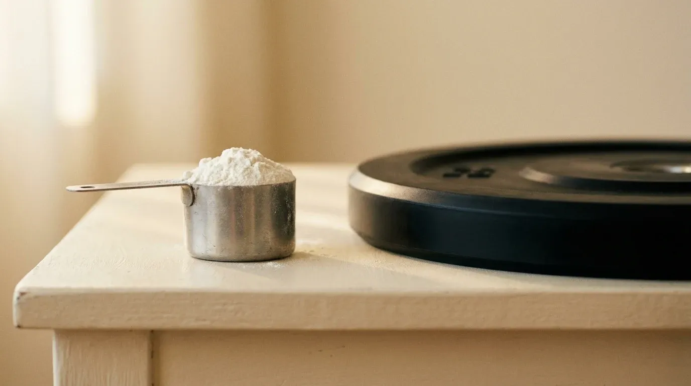 A metal scoop of white creatine powder and a black weight plate on a warm cream surface.