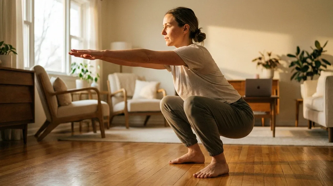 Woman performing a barefoot squat in a sunlit living room with natural golden morning light.
