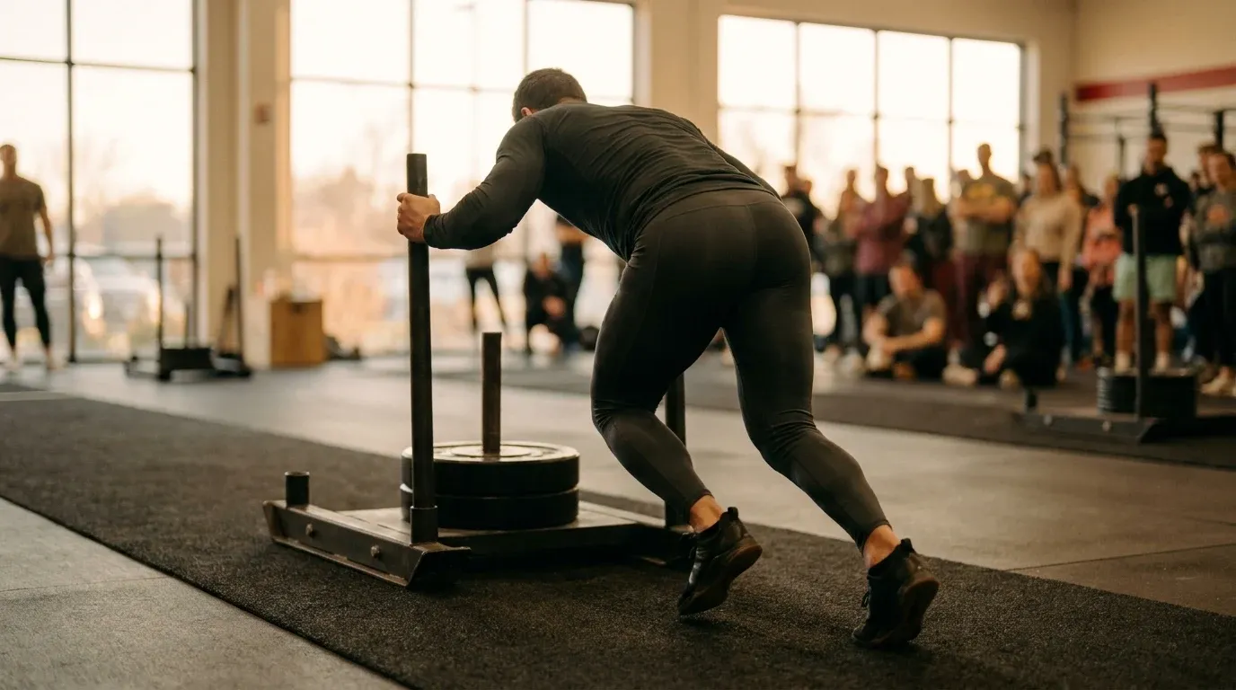 Athlete in compression gear pushing a heavy competition sled with intense physical effort.