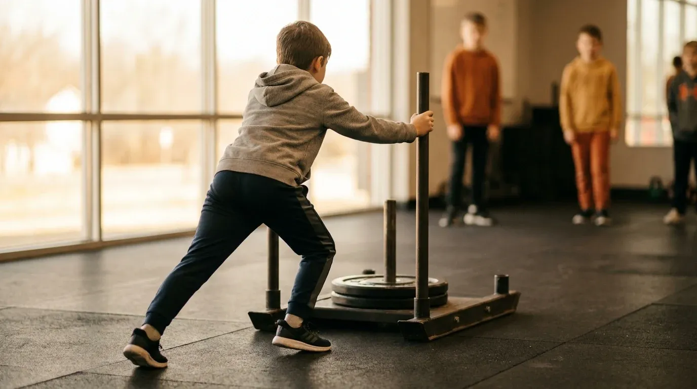 A ten-year-old child pushes a competition sled across gym flooring with determined effort and athletic stance.